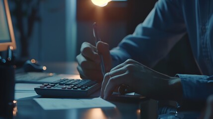 Fototapete - Businessman working on desk office with using a calculator to calculate the numbers : Generative AI