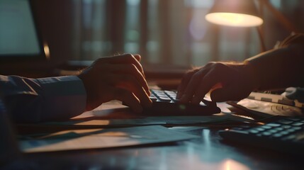 Fototapete - businessman working on desk office with using a calculator to calculate the numbers, finance accounting concept : Generative AI