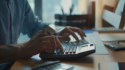 Fototapete - businessman working on desk office with using a calculator to calculate the numbers, finance accounting concept : Generative AI