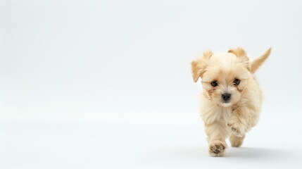 Poster - Playful puppy, little Maltipoo dog running, playing isolated over white background. Concept of care, animal life, health, show, breed of dog. Copy space for ad : Generative AI