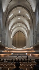 inside of a large concert hall with people sitting in front