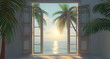 open window with palm trees framed