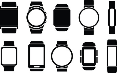 Fototapete - Set of Smart hand watches with bracelet vectors icons in Fill Styles. Smartwatch symbols. Clock icons. Wristband or Wristwatches on transparent background. Smartwatch designs for apps and websites.