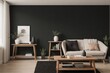 © PNG&Background Image - Modern living room interior mockup with black wall and wooden furniture in a perfect composition.