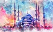 ramadan concept. illustration of a mosque in watercolor style