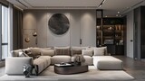 Fototapeta  - Interior of modern sophisticated living room with elegant color palette and scandinavian elegance 