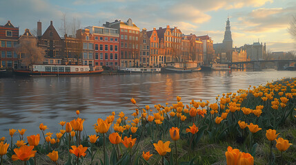 Wall Mural -  tulips in front of Amsterdam row house at sunset