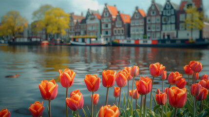Wall Mural -  tulips in front of Amsterdam row houses, city scene, colorful Spring season in the Netherlands, colorful tulips in Amsterdam city, alongside the canal