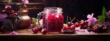 Fototapeta Panele - cherry jam in a jar with cherries on the table
