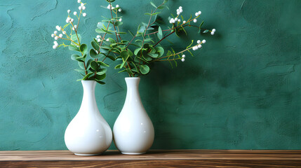 Wall Mural - Two white vases on wooden shelf green wall white vases.  Copy Space, Generative Ai