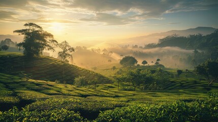 Wall Mural - The tea plantations background , Tea plantations in morning light