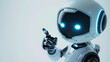 © suldev - Positive cute robot pointing at a space. Copy space, ai generated