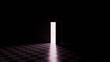 A 3D render of a slightly open door to an empty checkered floor room with a bright pink portal, light, A Crack in the Mystery