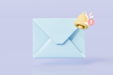 Fototapete - 3d Mail envelope icon with bell notification new message sign icon. 3D Email letter with notification red bubble unread icon. message mailbox concept 3d icon. isolated purple background 3d rendering.