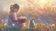 Easter morning glee girl with basket pastel eggs and rabbit in the tender glow of dawn
