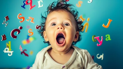 Excited Toddler with Alphabet Letters Flying Around. Generative ai