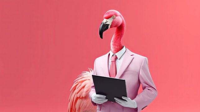 Flamingo bird in suit holding a tablet on bright pastel background. advertisement. presentation. commercial. editorial. copy text space.	