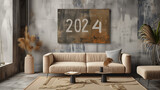Fototapeta  - コンクリート打ちっぱなしの壁の白いソファーがあるモダンな部屋に「2024」の文字が書いてあるアートが飾ってある
