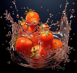 Sticker - strawberry fruit with water splash on dark background