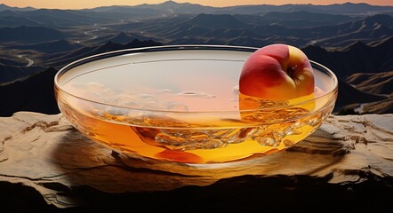 Wall Mural - a bowl of peach oil on a table with a natural scenery background