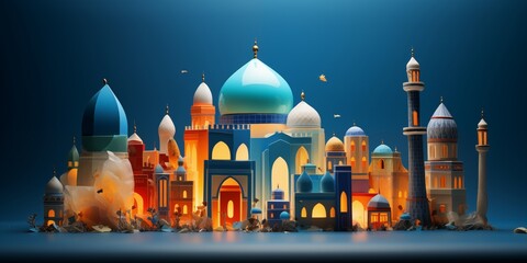 Wall Mural - 3d render paper art illustration of a mosque at the city for islamic ramadan kareem background or eid mubarak greeting banner cover card