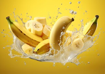 Wall Mural - banana fruit with water splash on yellow background