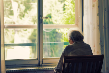 Wall Mural - An elderly woman in a nursing home sits in a chair by the window and waits for guests