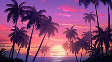 A Group Of Palm Trees With The Purple Sky In The Background