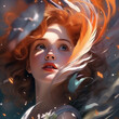 © nurjan100 - Beautiful girl with long red hair fluttering in the wind. A beautiful young woman with a long neck and delicate white skin.