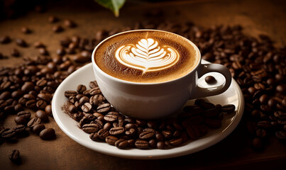 Poster - Coffee cup with latte art on wooden table background.