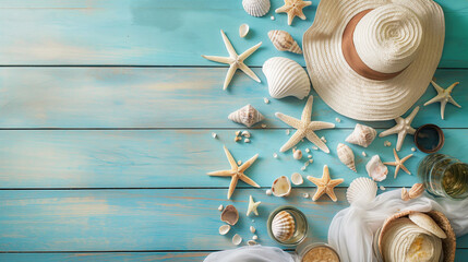 Wall Mural - Tropical beach background decorated with starfish, shells and colorful flowers. Ideal for quiet relaxation. Tropical summer vacation concept. Banner