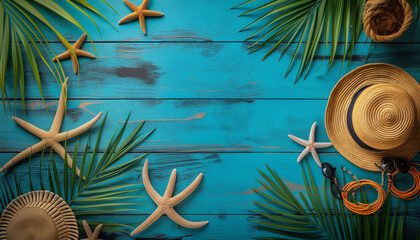 Wall Mural - Tropical beach background decorated with starfish, shells and colorful flowers. Ideal for quiet relaxation. Tropical summer vacation concept. Banner