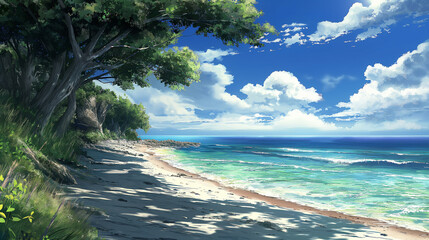 Wall Mural - Tropical island beach by the sea, with lush trees under a sunny sky vector illustration