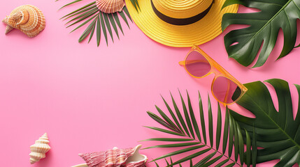 Top view, pink summer banner with yellow hat, sunglasses, seashells and monstera leaves on blue background.