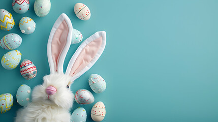 Wall Mural - A captivating top-down view of Easter bunny ears and decorated eggs on an isolated teal background, providing a charming holiday card idea with plenty of copy space