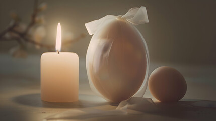 Wall Mural - A minimalist Easter scene featuring a single egg wrapped in sheer organza fabric, delicately tied with a satin ribbon, against a backdrop of soft candlelight