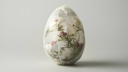 Wall Mural - A minimalistic Easter egg wrapped in translucent vellum paper, showcasing delicate pressed flowers and foliage