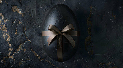 Wall Mural - A monochromatic Easter egg wrapped in sleek matte black paper, accented with a single metallic gold ribbon