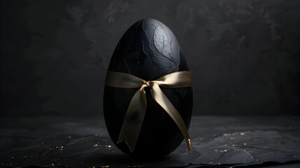 Wall Mural - A monochromatic Easter egg wrapped in sleek matte black paper, accented with a single metallic gold ribbon