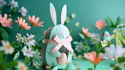 Wall Mural - A pastel-colored paper bunny wrapping an egg-shaped gift with a delicate ribbon, against a backdrop of spring flowers