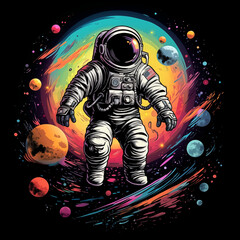 T-shirt print astronaut cartoon with galaxy space, black backgro