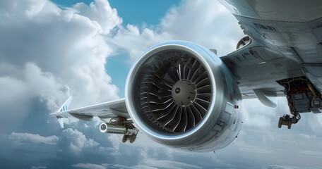 Wall Mural - Commercial airplane with powerful engine soaring through the cloudy blue sky