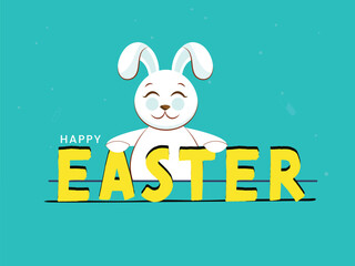 Canvas Print - Happy Easter Font with Cute Bunny Cartoon on Light Blue Background.