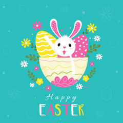 Sticker - Cartoon Funny Bunny with Eggs in Printed Bowl with Flowers and Leaves Background for Happy Easter Celebration.