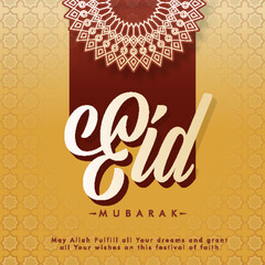 Wall Mural - Beautiful Islamic Festival Greeting Card Design with Stylish Eid Mubarak Font on Brown and Golden Floral Background.