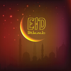 Poster - Silhouette Mosque with Shiny Crescent Moon During Muslim Community Festival of Eid Mubarak.