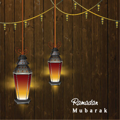 Poster - Illuminate Arabic Fanoose String Light Hanging on Wooden Background for Islamic Festival of Ramadan Mubarak Celebration Concept.