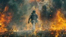 A Military Commander Who Was Walking Through The Flames. Seamless Looping Time-lapse Virtual Video Animation Background.
