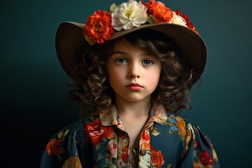 Portrait of a beautiful little girl in a hat with flowers.