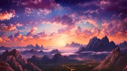 Wall Mural - landscape of mountain and river on night sky abstract background. generative ai.